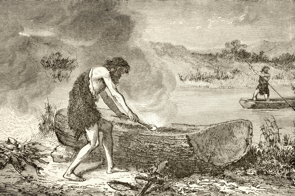 Picture of Posterazzi DPI1872489 A Prehistoric Man Using Fire to Fashion A Canoe From A Log From The Book Chips From The Earths Crust Published 1894 Poster Print, 18 x 12