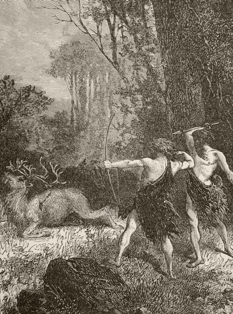 Prehistoric Men Hunting with Bow & Arrow & Spear From The Book Chips From The Earths Crust Published 1894 Poster Print - 24 x 34 - Large