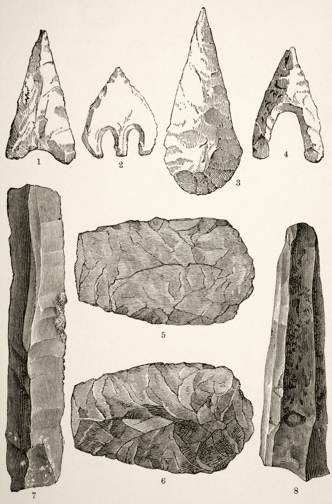 Picture of   Prehistoric Flint Implements. 1&#44;2&#44;3 & 4 Flint Arrow Heads. 5 & 6 Flint Axes. 7 Flint Knife. 8 Flint Scraper From The Book Chips From The Earths Crust Published 1894 Poster Print&#44; 11 x 18