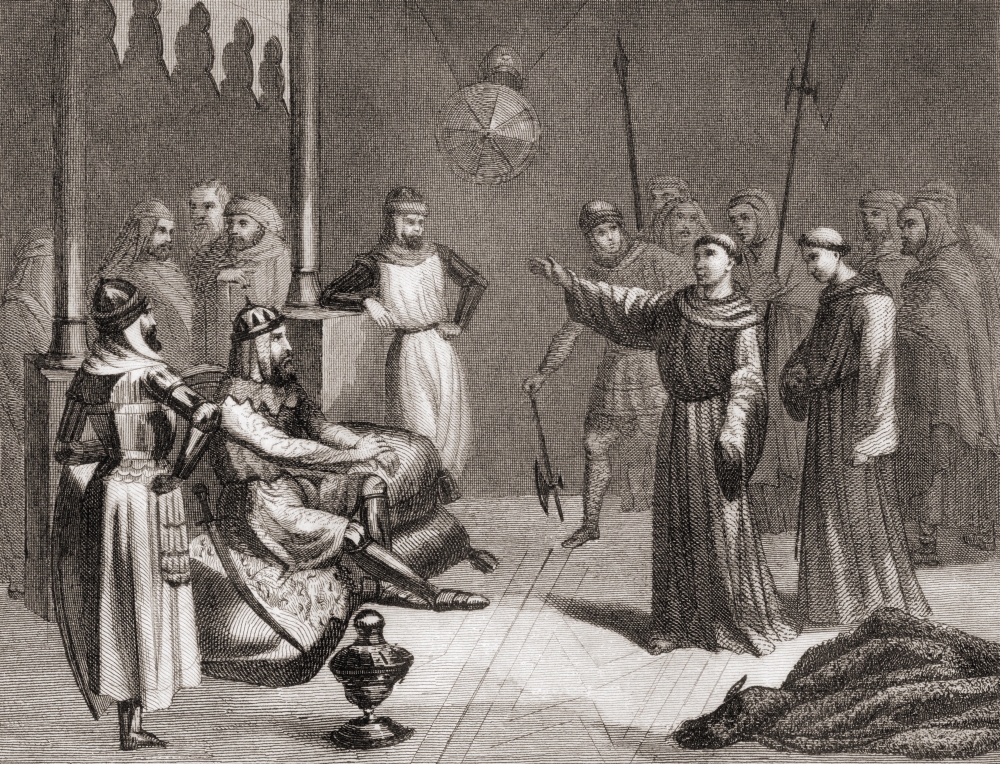 Picture of Posterazzi  St. Francis of Assisi Tries to Convert Melek-El-Kamel&#44; Sultan of Babylonia&#44; to Christianity During The Fifth Crusade From The Book Los Frailes Y Sus Conventos Published 1854