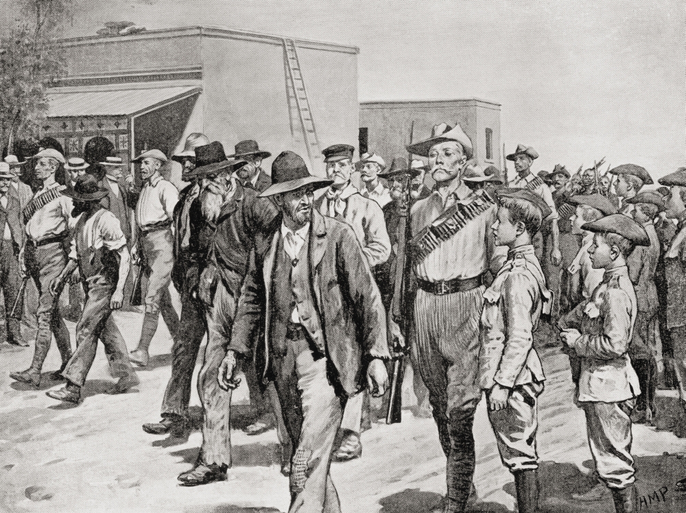 Picture of   British South African Police Escorting Boer Prisoners to Gaol After The Taking of Mafeking From The Book South Africa & The Transvaal War by Louis Creswicke Published 1900 Poster Print&#44; 17 x 12
