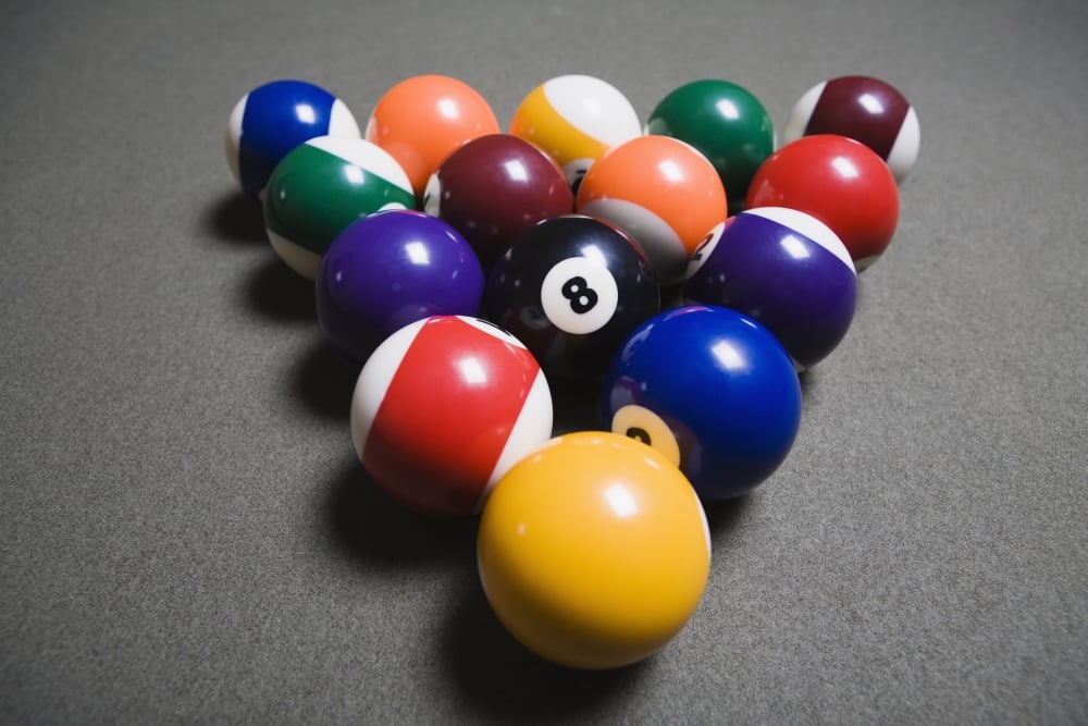 Pool Balls On A Billiard Table with The Eight Ball Facing Upwards Poster Print - 19 x 12