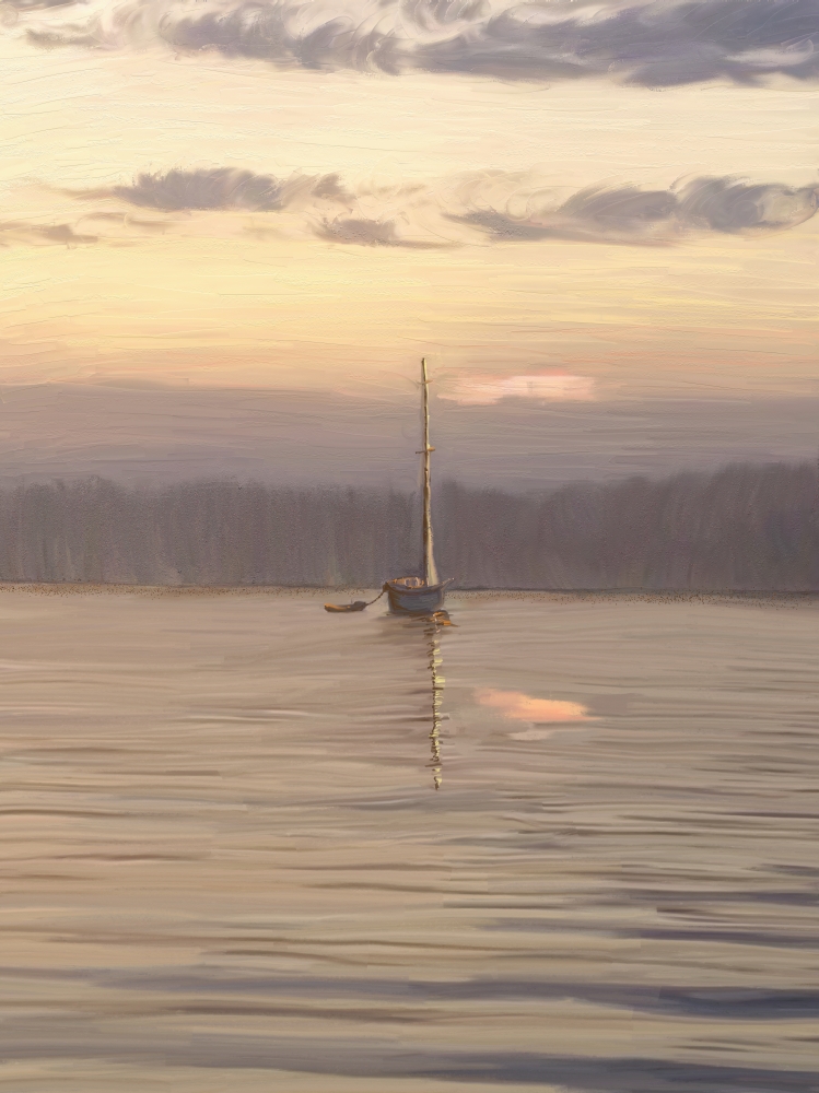 Painting of A Sailboat on The Tranquil Lake Water at Dawn Poster Print - 13 x 17 in.