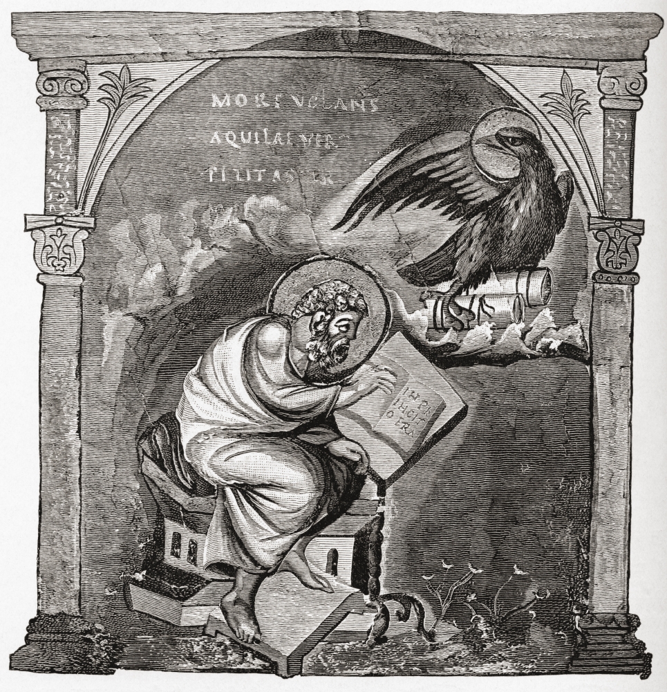 Picture of   Saint John The Evangelist From The Gospel Book Given By Otto II to Aethelstan From The Book Short History of The English People by J.R. Green Published London 1893 Poster Print&#44; 14 x 14