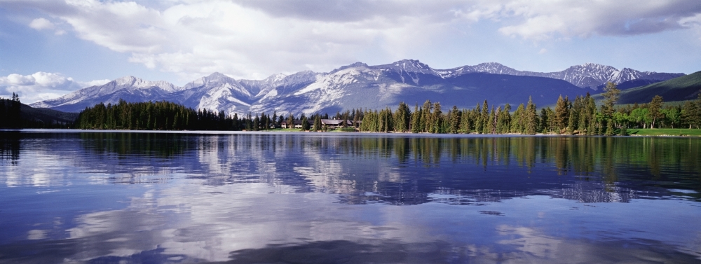 Rockies Reflected In Lake Beauvert Poster Print, 44 x 15 - Large