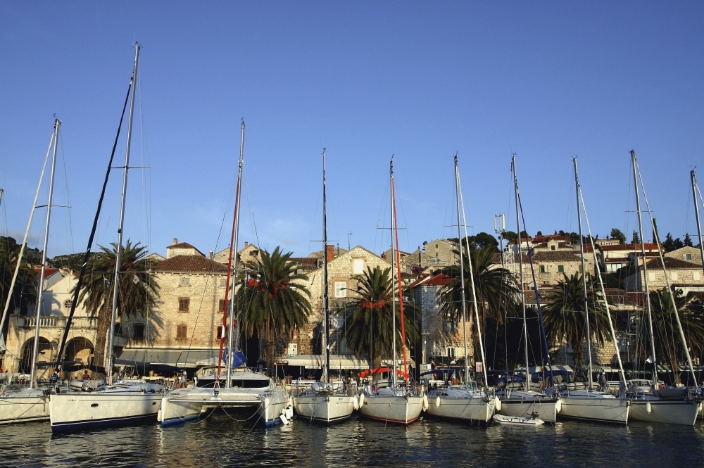 Sailboats Lined Up In Hvar Harbour Poster Print, 17 x 11