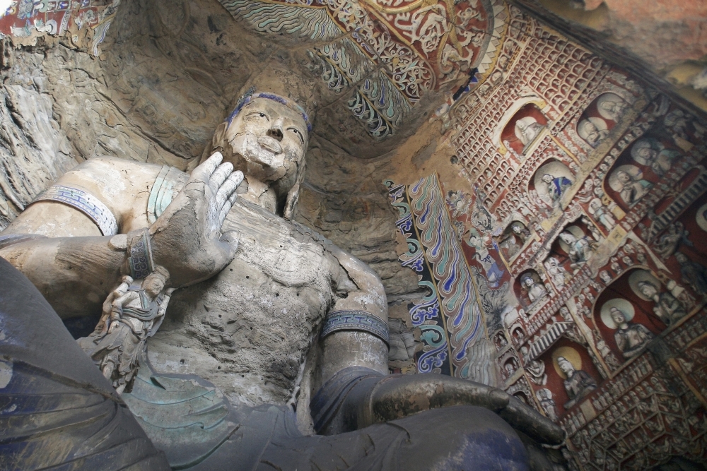 Statue & Carvings In Ancient Buddhist Temple Grotto Poster Print, 17 x 11