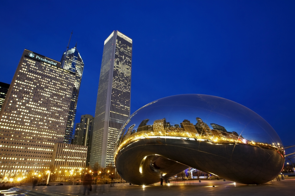 Cloud Gate The Bean Sculpture In Front of Skyscrapers At Night, Chicago,Illinois,USA Poster Print, 34 x 22 - Large