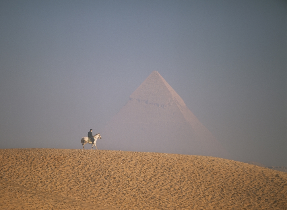 Woman Riding Horse with Great Pyramid of Chephren Behind Poster Print - 36 x 26 - Large