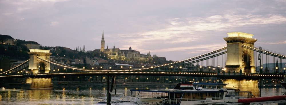 Chain Bridge - River Danube & Matyas Church At Dusk Poster Print