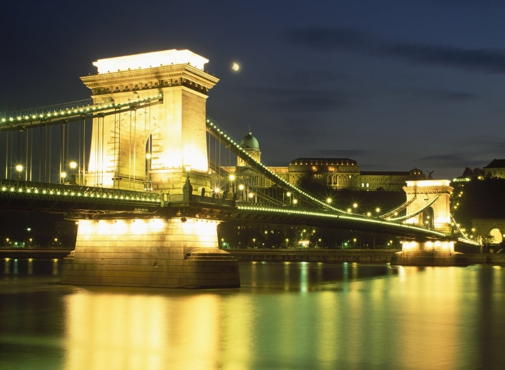 Illuminated Szchenyi Chain Bridge At Night Poster Print