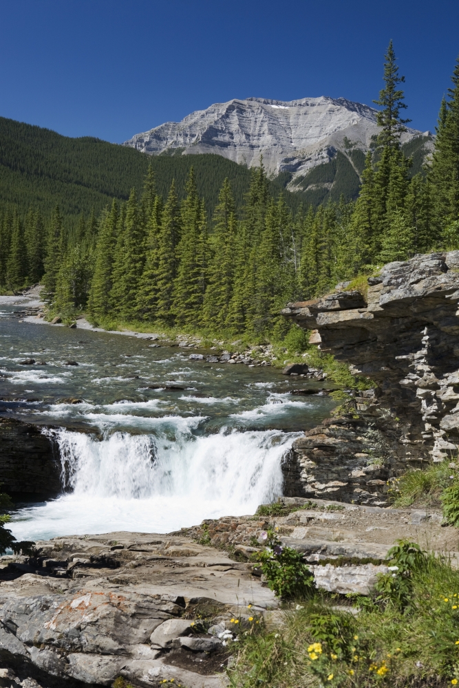 DPI1882666LARGE Waterfalls with Rock Ledge & Mountain In The Background - Alberta, Canada Poster Print, 26 x 40 - Large