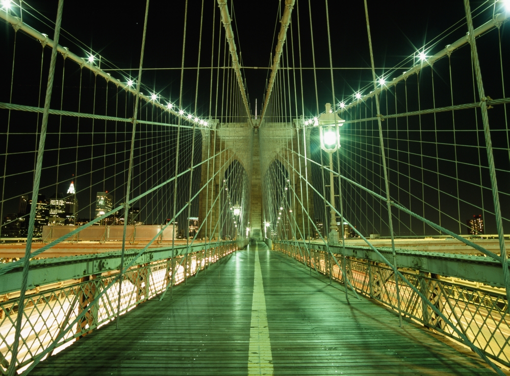 Looking Along Walkway On The Brooklyn Bridge At Night Poster Print, 18 x 13