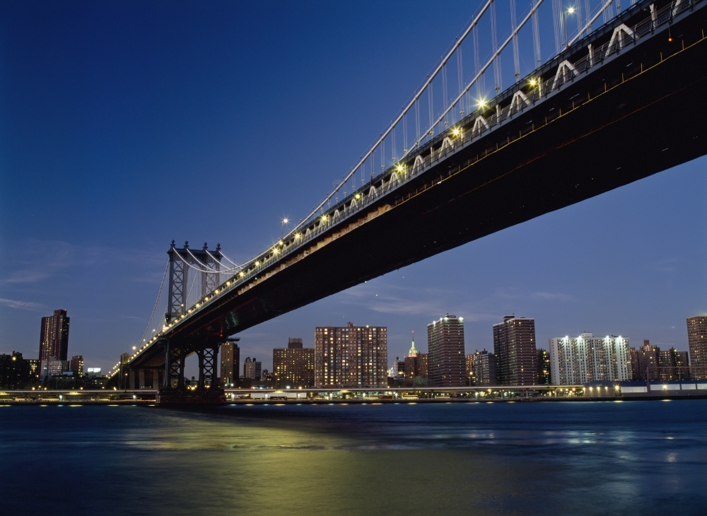 Looking Along Manhattan Bridge At Dusk Over The East River to The Lower East Side & The Empire State Building Behind 1 Poster Print, 18 x 13