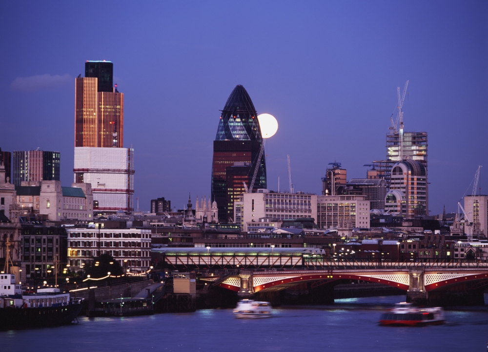 DPI1885256LARGE Looking Down The Thames At Dusk to Full Moon Rising Behind The Swiss Re Building Poster Print, 36 x 26 - Large