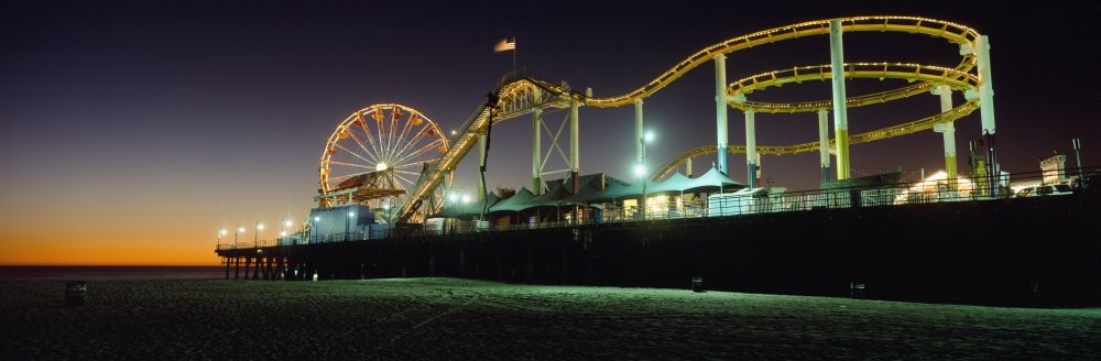 DPI1884482LARGE Rollercoaster & Ferris Wheel At Dusk On The Santa Monica Pier Poster Print, 44 x 15 - Large