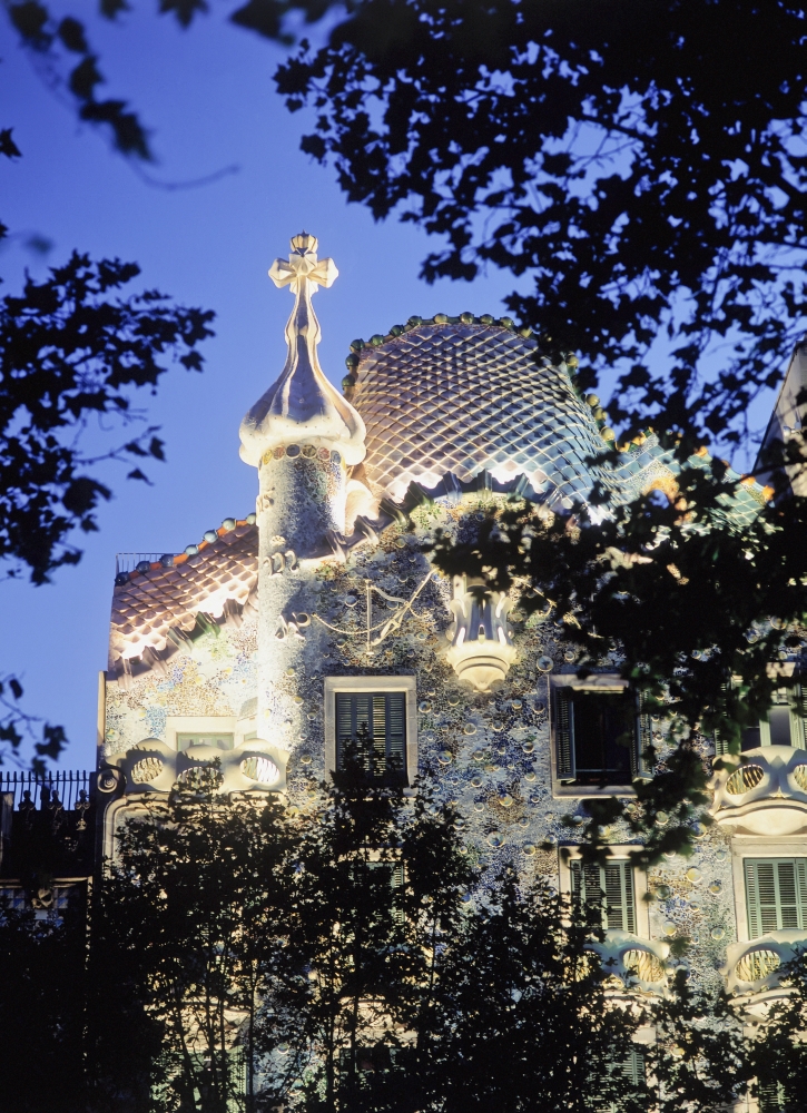 Exterior of Casa Batllo At Dusk with Trees Poster Print