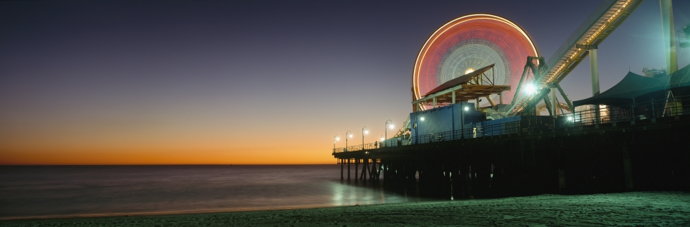 DPI1884481LARGE Ferris Wheel & Rollercoaster At Dusk On The Santa Monica Pier Poster Print, 44 x 15 - Large