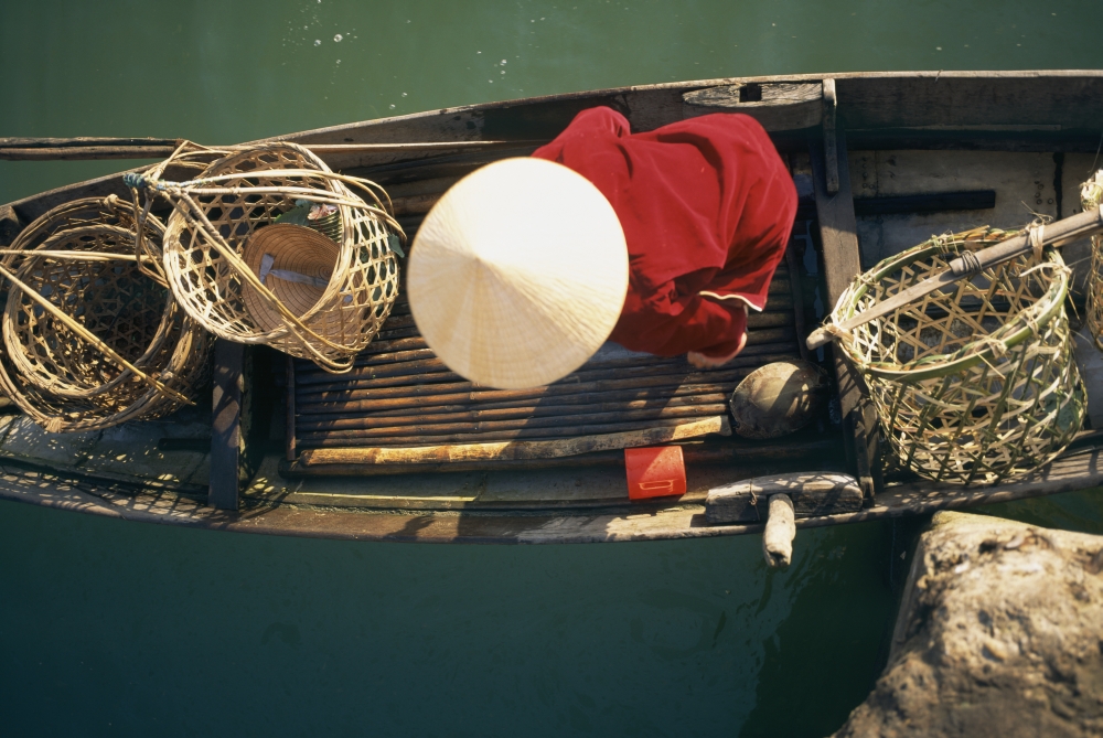View From Above of Vietnamese Woman In Conical Hat In A Boat Poster Print, 18 x 12