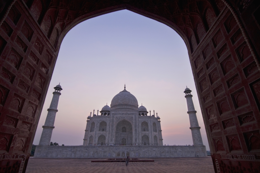 The Taj Mahal At Dusk As Seen Through Arch Poster Print