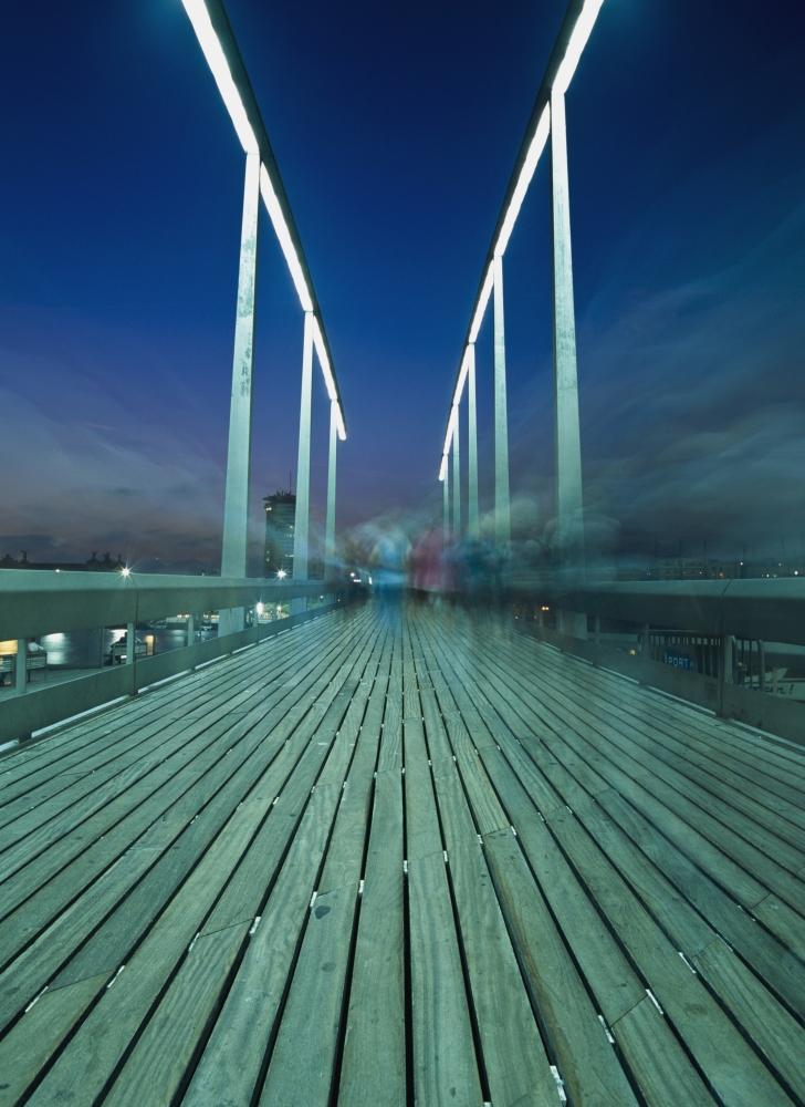 People On Swing Bridge At Dusk - Blurred Motion Poster Print - 26 x 36 - Large