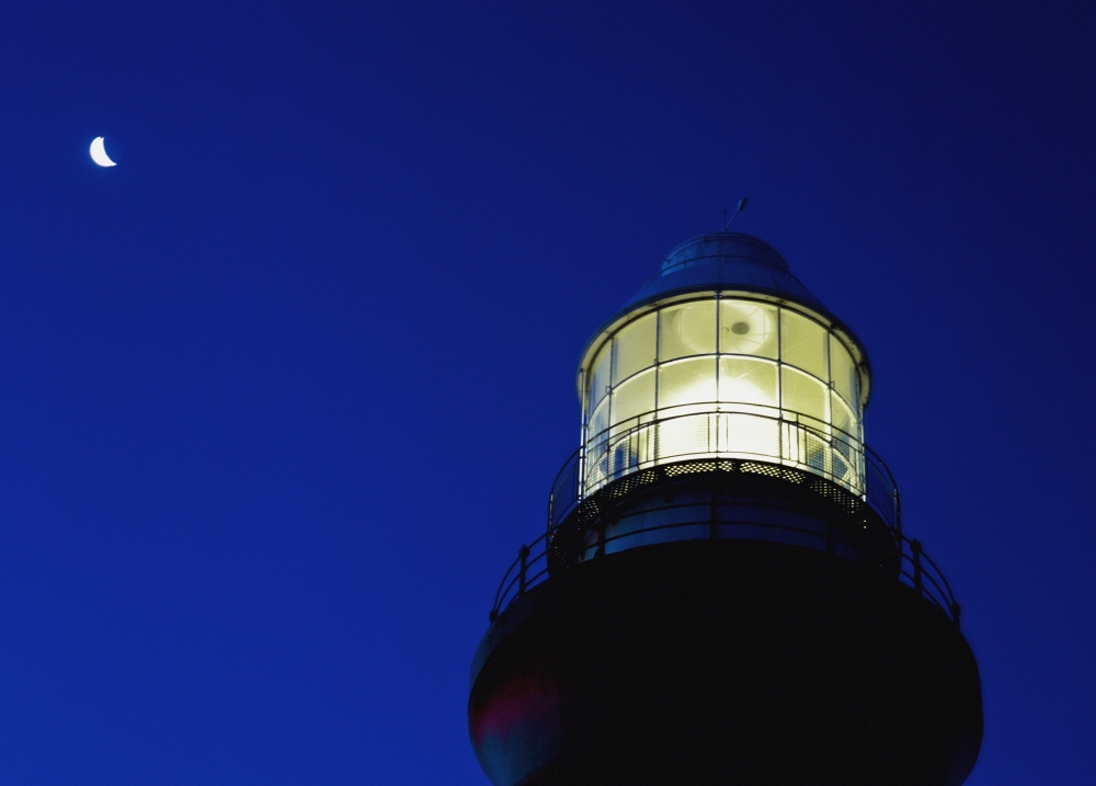 Moon Crescent Above Lighthouse At Dusk - Low Angle View - Close Up Poster Print - 36 x 26 - Large