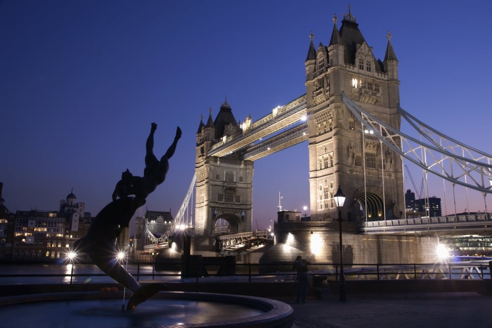 DPI1890314 Tower Bridge At Dusk with Dolphin Statue In The Foreground Poster Print, 19 x 12