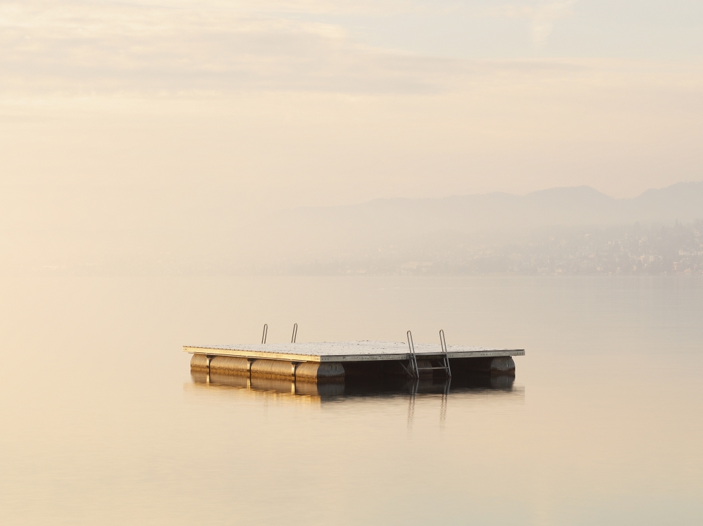 Snow Dusted Pontoon In Lake Zurich At Dawn Poster Print, 17 x 13