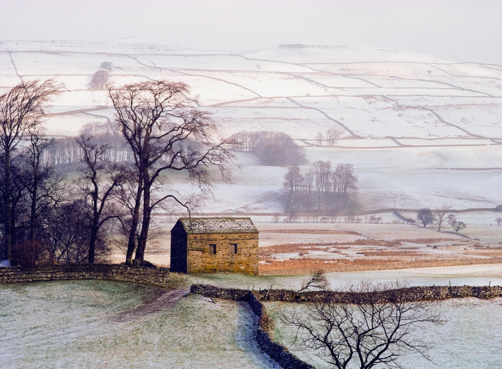 Snowy Landscape with Barn, Elevated View Poster Print, 18 x 13
