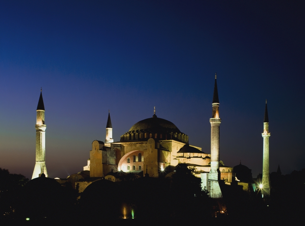 Illuminated Hagia Sophia Mosque At Dusk Poster Print, 18 x 13