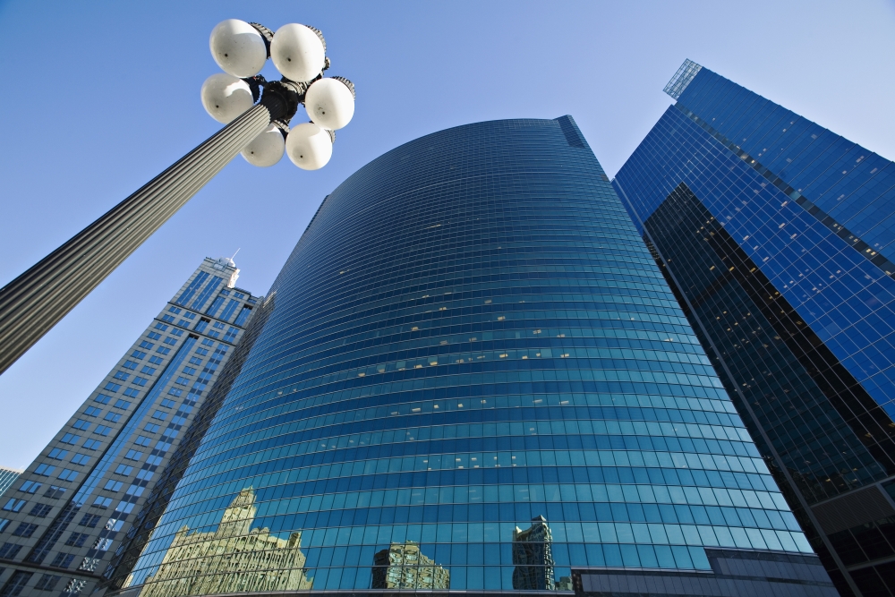 DPI1891836LARGE Wacker Drive Building with Street Lamp In Foreground, Low Angle View Poster Print, 38 x 24 - Large