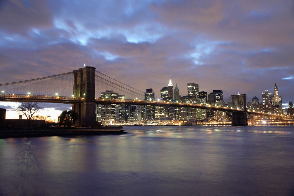 Brooklyn Bridge & Lower Manhattan At Dusk Poster Print - 19 x 12