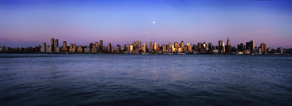 Moon Over Midtown Manhattan Skyline At Dusk Poster Print - 35 x 13