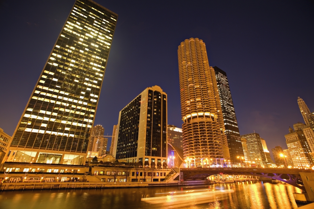 Skyscrapers Along Chicago River At Night Poster Print - 19 x 12