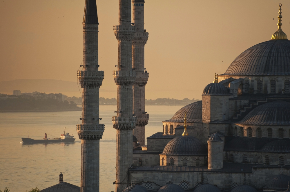 Picture of Posterazzi DPI1892991LARGE Turkey, Ship sailing along Bosphorus behind Sultanahmet or Blue mosque at dawn - Istanbul Poster Print, 38 x 24 - Large