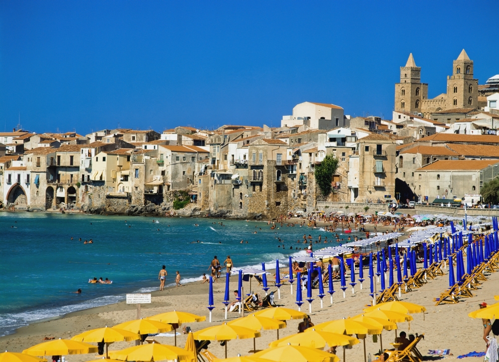 People On Cefalu Beach Poster Print - 34 x 26 - Large