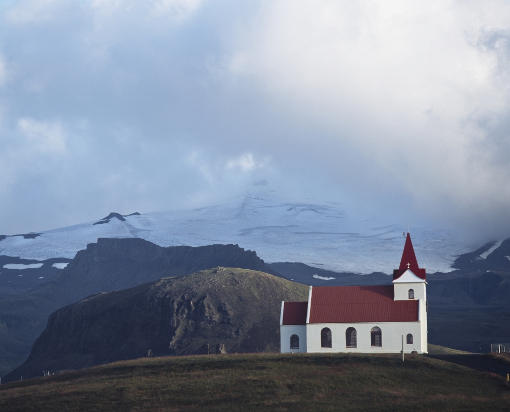 DPI1893221 Snaefellsjokull Glacier & Church At Hellisandur-Rif Poster Print, 17 x 13
