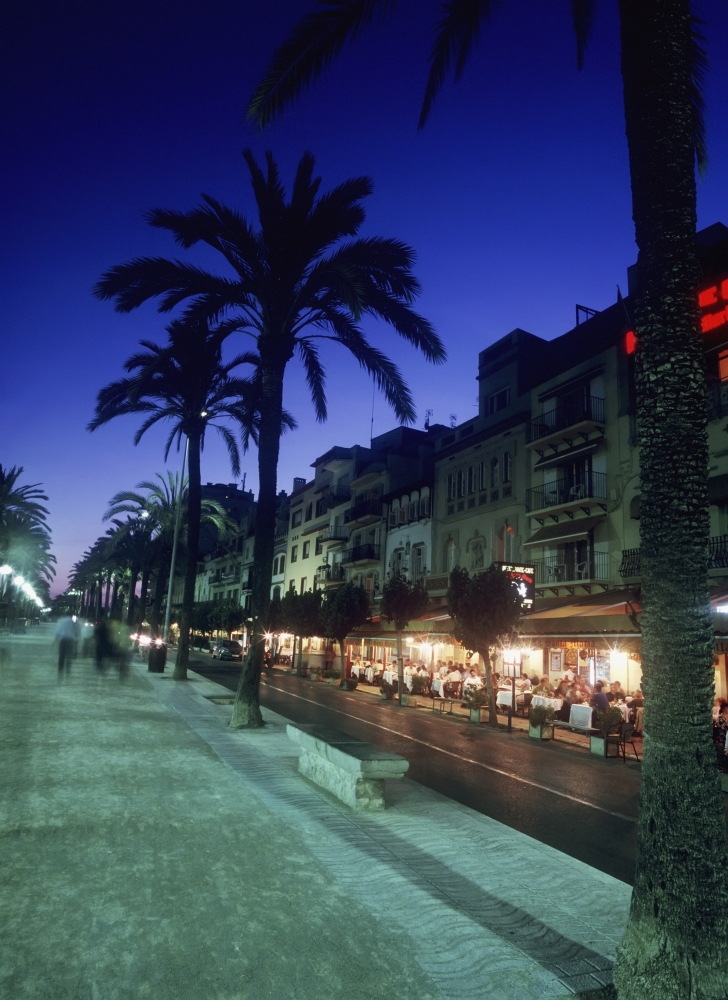 DPI1892421LARGE Palm Tree Lined Promenade with People Eating In Restaurants At Dusk Poster Print, 26 x 36 - Large