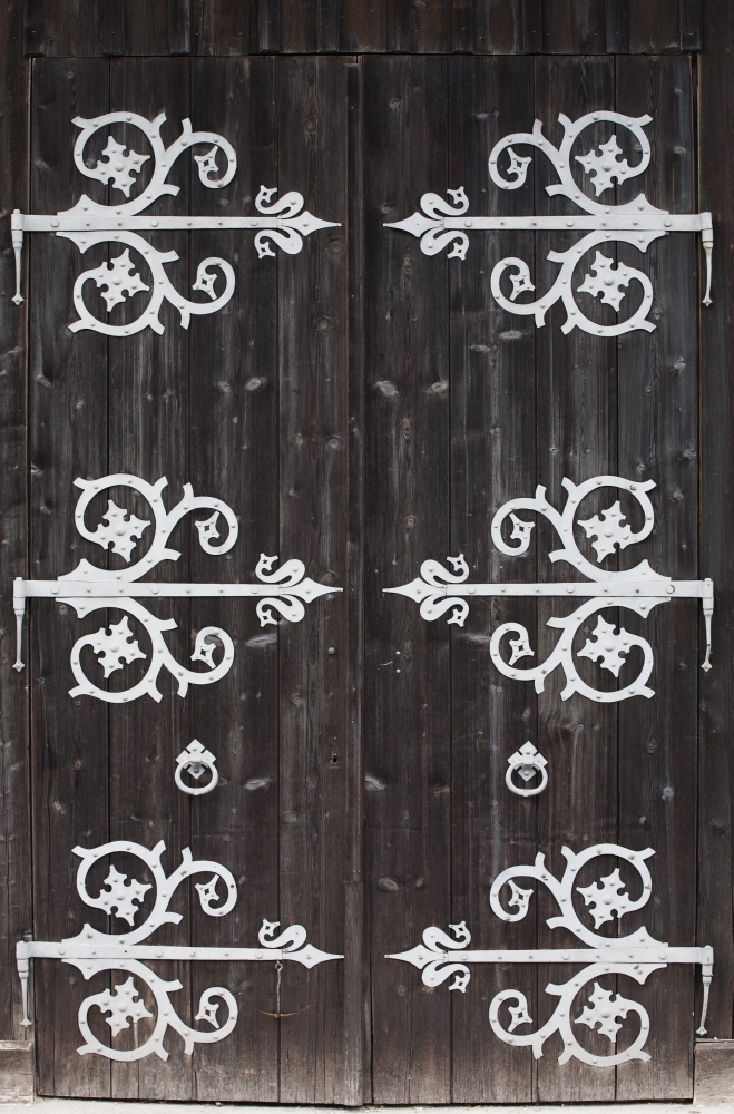 Picture of Posterazzi DPI1900611 Large Metal Decorative Hinges On A Weathered Wooden Barn Door - Fussen, Germany Poster Print, 12 x 19