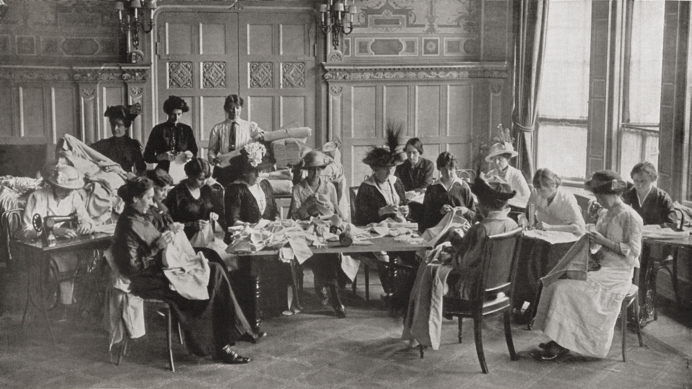 Picture of A Ladies Red Cross Sewing Meeting In Claridges Hotel, Making Woollen Shirts For The War Effort During World War I From The Illustrated War News, 1914 Poster Print, 38 x 22 - Large