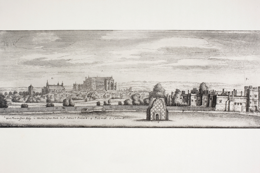 Picture of   London&#44; England. St Jamess Palace&#44; Westminster Hall & Pall Mall In 1660 From A Contemporary Drawing From Memoirs of The Martyr King By Allan Fea Published 1905 Poster Print&#44; 18 x 12