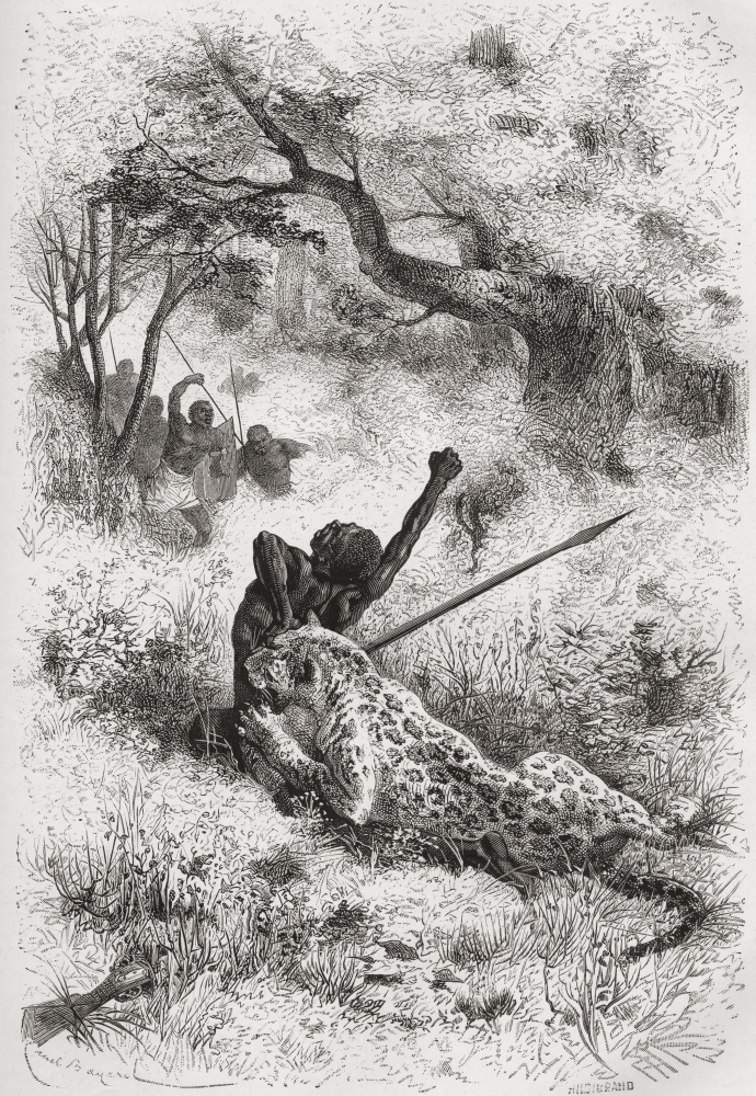 DPI1903630LARGE A Leopard Attacking An African Native In The 19th Century From El Mundo En La Mano Published 1878 Poster Print, 24 x 34 - Large