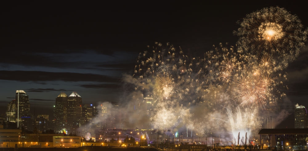 DPI12252455LARGE Fireworks in Front of Modern City Skyline - Calgary Alberta Canada Poster Print - 44 x 20 in. - Large