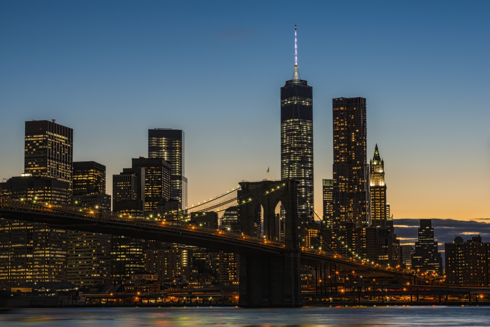 Lower Manhattan at Twilight with The Brooklyn Bridge - New York City United States of America Print - 18 x 12 in.