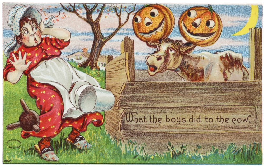 Vintage Halloween Greeting Card with Cow with Jack-O-Lanterns on Horns From 20th Century Poster Print - 38 x 24 in. - Large