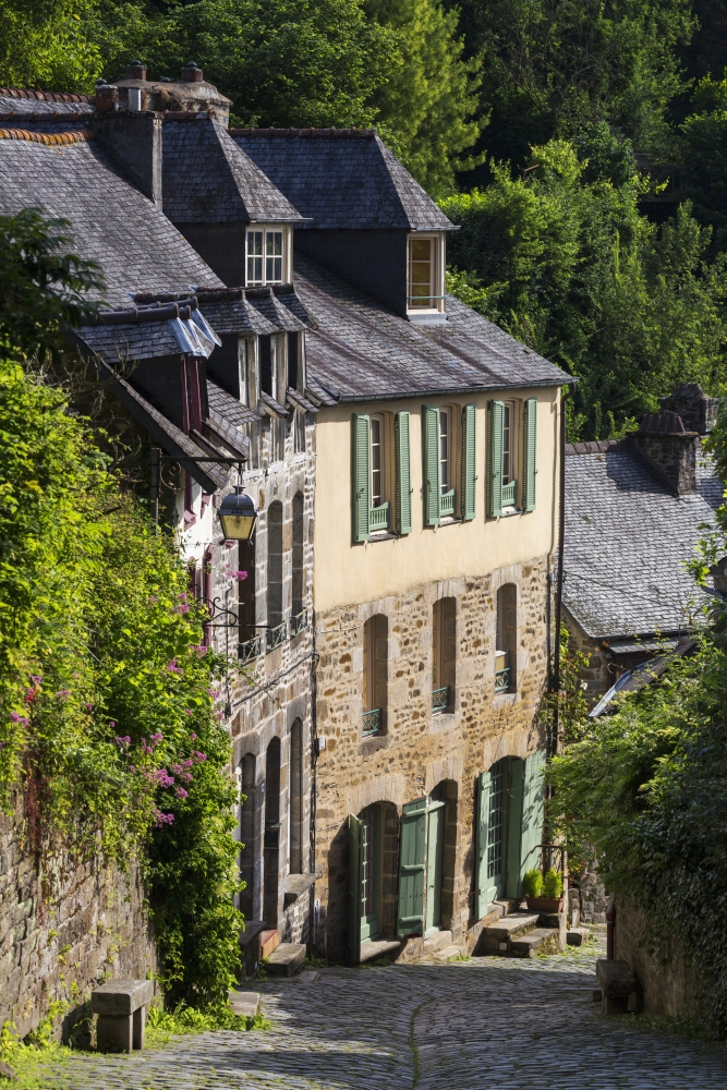 DPI12282574LARGE Old Stone Buildings with Green Shutters Down A Cobblestone Road - Dinan Brittany France Poster Print - 24 x 38 in. - Large