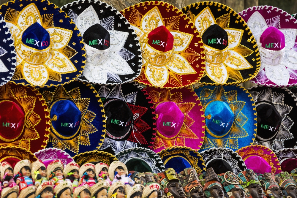 Colourful Mexican Sombreros Mayan Masks & Mexican Dolls on Display - Chichen Itza Yucatan Mexico Print - 38 x 24 in. - Large