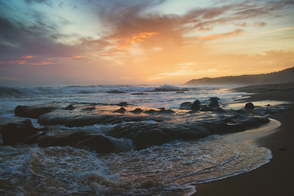 Colourful Sunset & Water Washing Up on The Shore - Tarifa Cadiz Andalusia Spain Poster Print - 18 x 12 in.