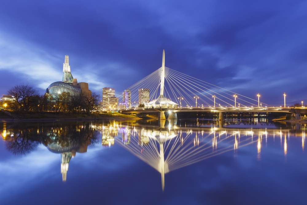 Canadian Museum for Human Rights & Esplanade Riel Bridge Reflected in The Red River - Winnipeg Manitoba Canada Poster Print - 38 x 24 in. - Large