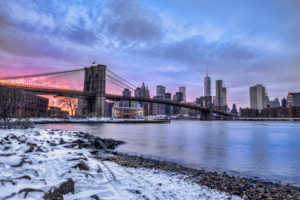 Brooklyn Bridge with Snow-Covered Landscape at Sunset Brooklyn Bridge Park Poster Print - 19 x 12 in.